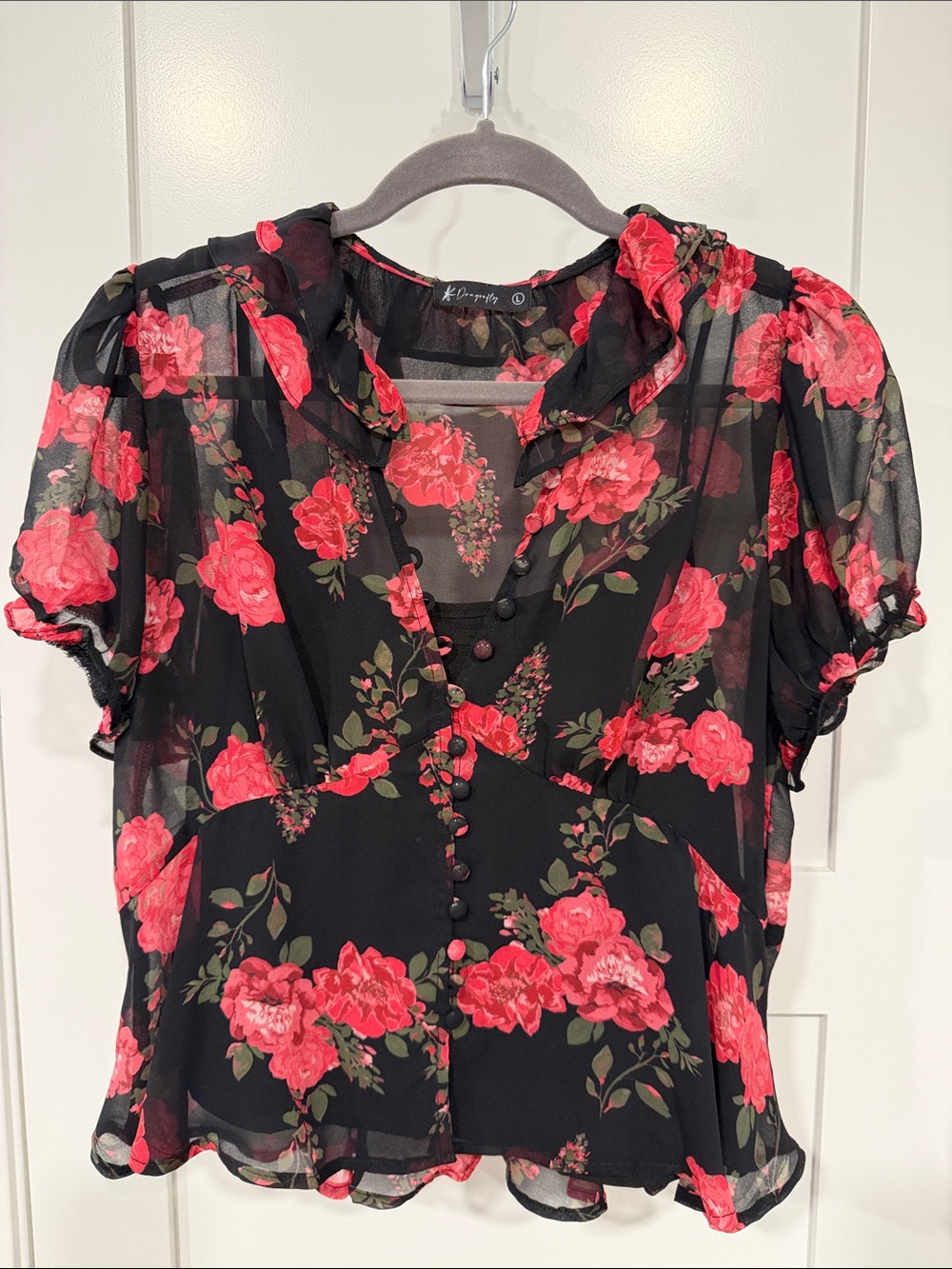 Dragonfly Black Sheer Blouse with Red/pink Floral Print